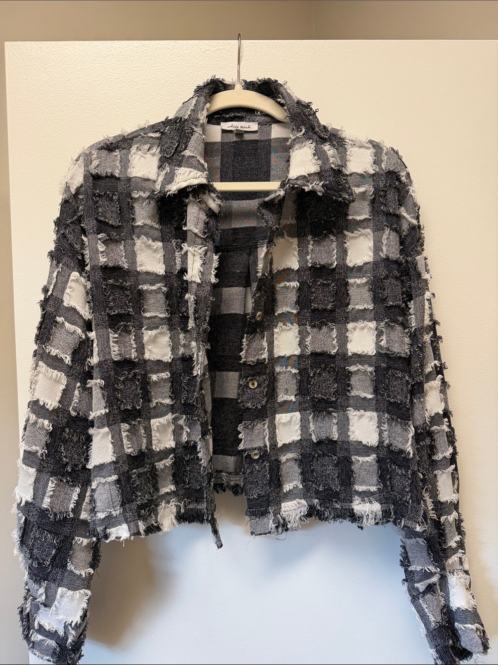 : "White Birch Frayed Plaid Cropped Jacket Shacket, Size Medium, Grunge Boho Raw